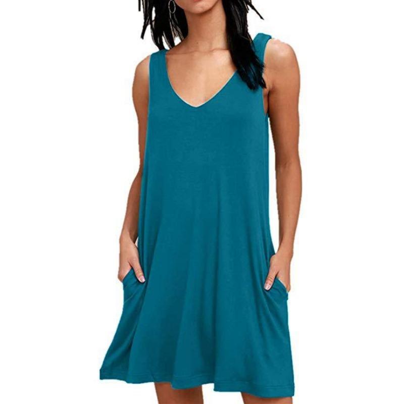 

Летнее женское платье с v-образным вырезом без рукавов, свободные повседневные карманные платья 2XL павлин голубой