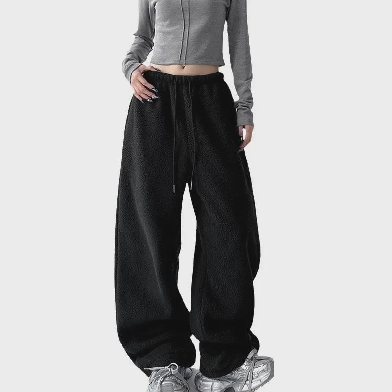 Damskie dwustronne pluszowe polarowe spodnie z szerokimi nogawkami – leniwe, stylowe, z wysokim stanem, ciepłe, luźne, wszechstronne spodnie zimowe.