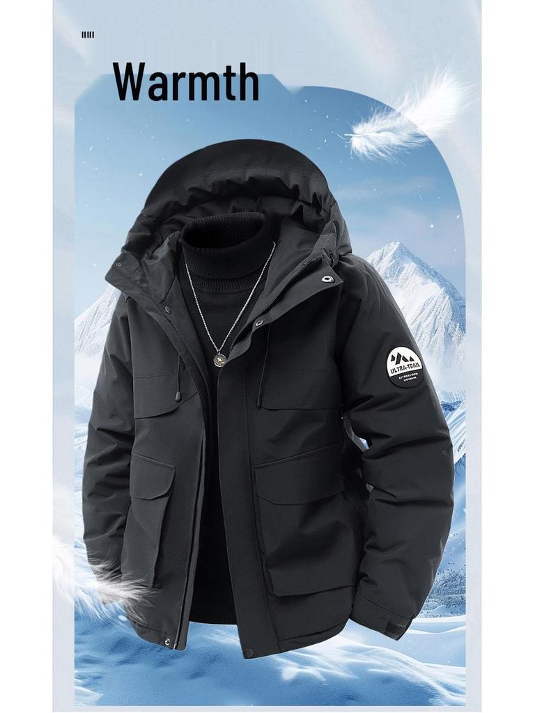 Męska wysokiej jakości krótka kurtka puchowa z kapturem - Niestandardowa modna marka, pogrubiona i luźny krój