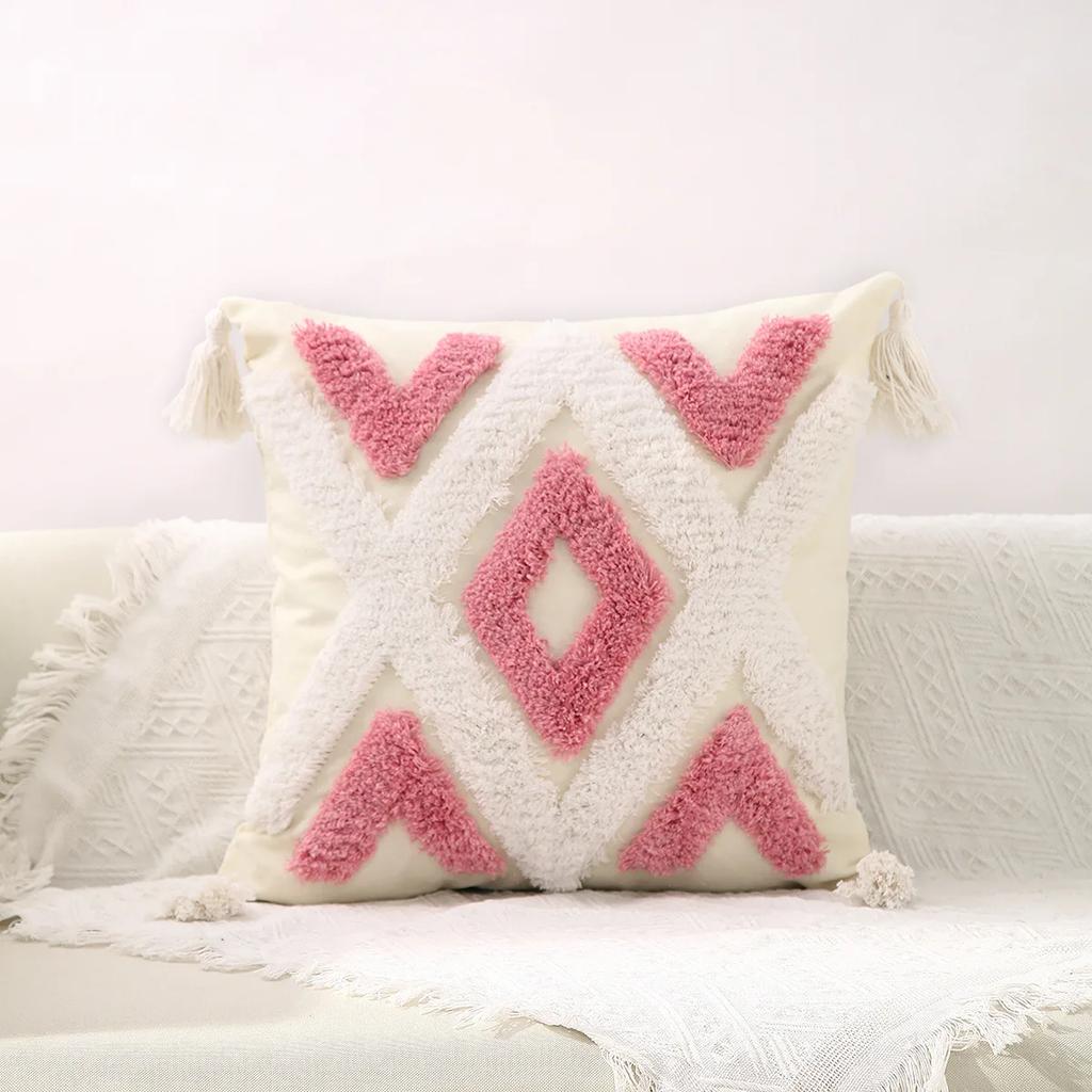 Tassels Cushion Cover Beige Boho Pillowcase with Tassels Tufted Home Decor Handmade Woven Pillowcase Sofa Living Room Decoration