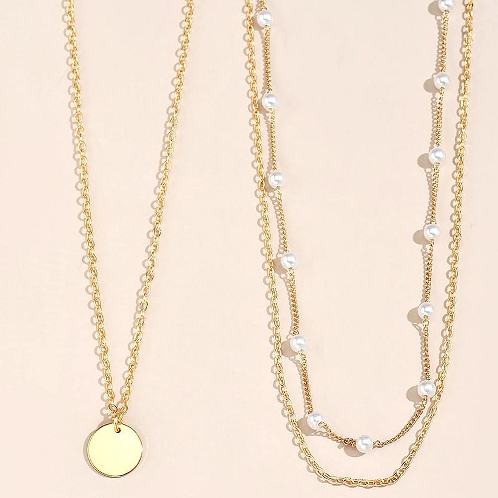 Simple imitation pearl chain collarbone chain female, multi-layer fashionable metal disc pendant necklace
