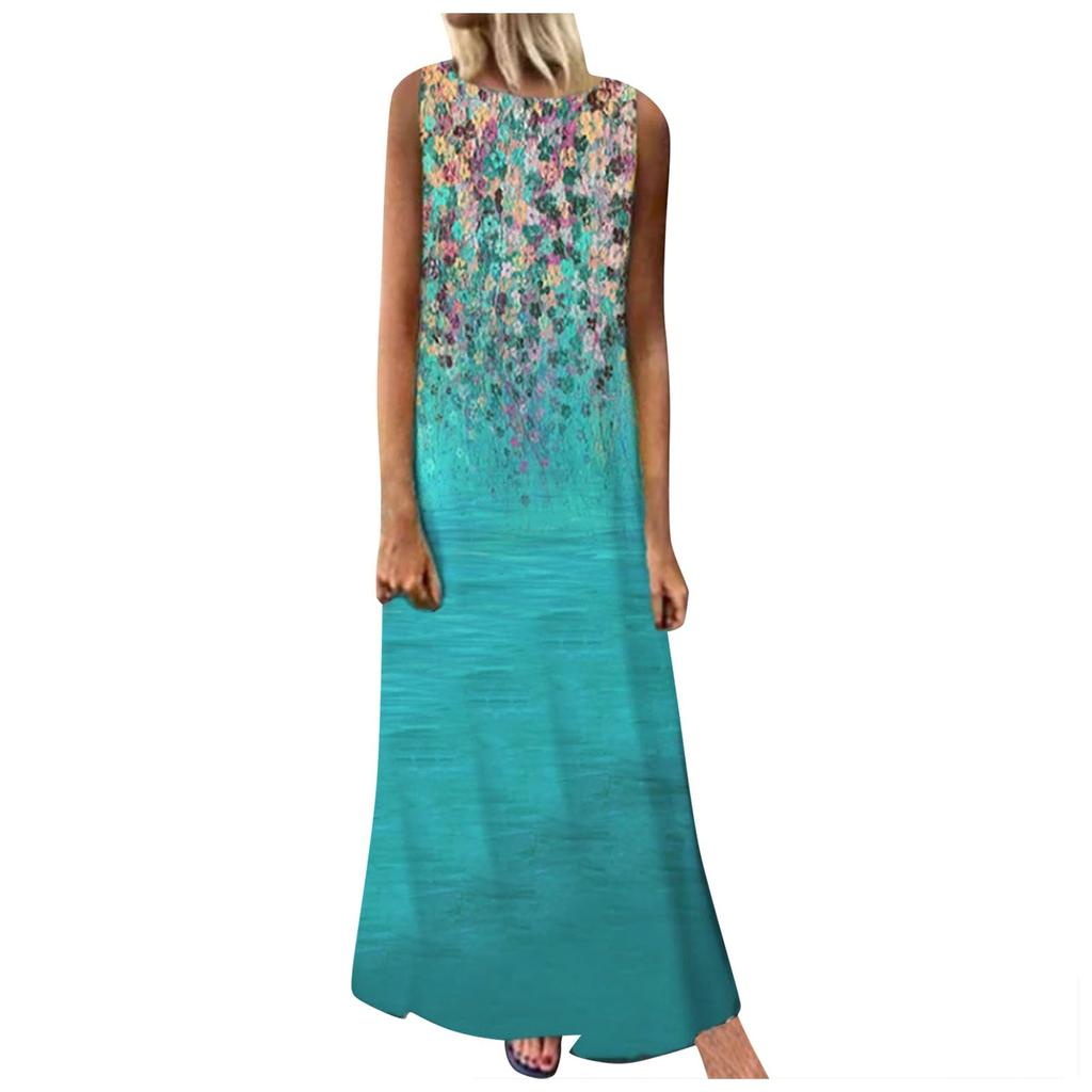 Women Boho Summer Sleeveless Sling Printed Casual Loose Long Dress
