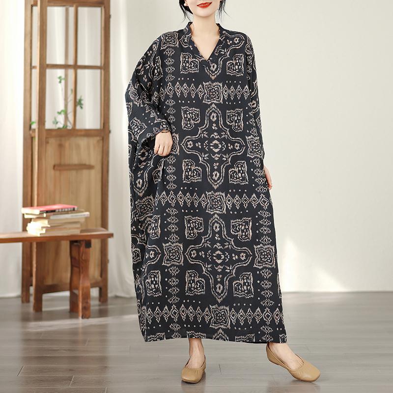 DIMANAF Neues Plus Size Damen Frühling Sommer Langes Kleid Locker Basic Vintage Oversize Langarm Maxi Geblümt 2026