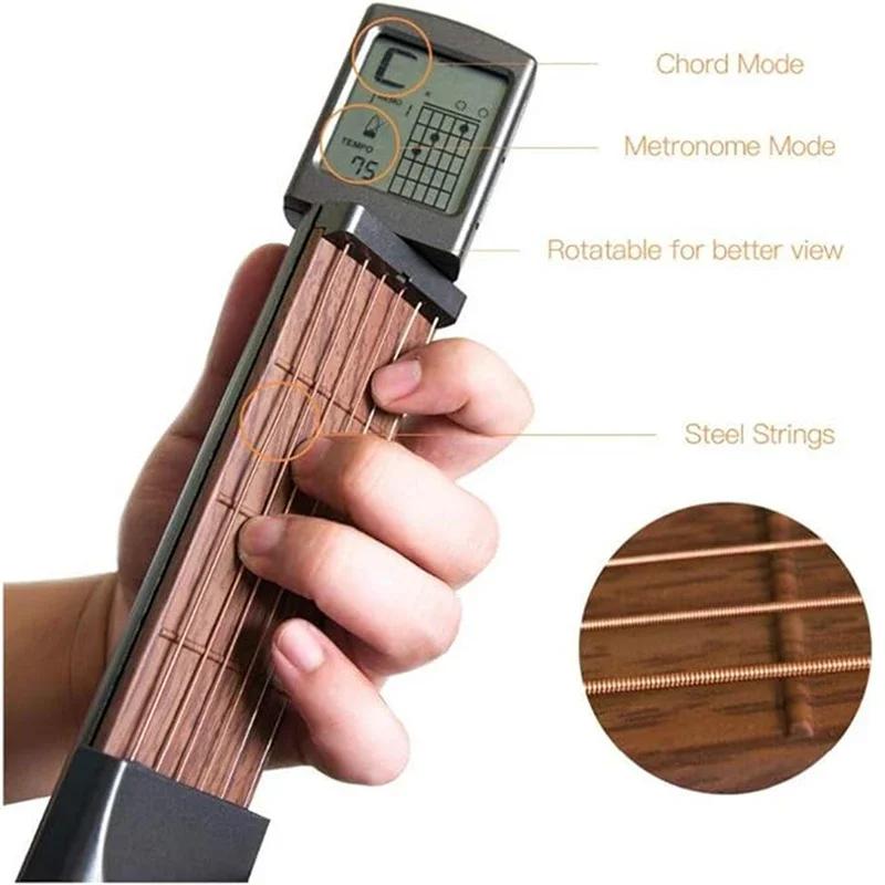 Pocket Guitar Chord Practice Tool Portable Guitar Neck for Trainer Beginner W/a Rotatable Chords Chart Screen