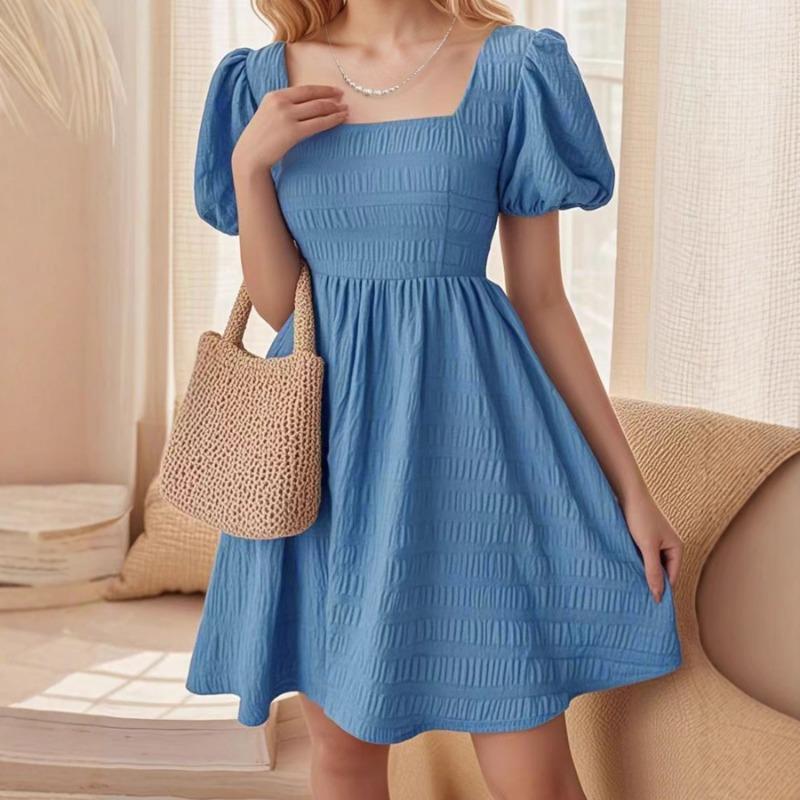 Women Summer Square Neck Fitted Puff Sleeve A Line Short Dress