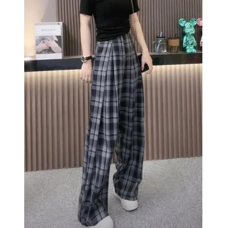 Red plaid pants spring and autumn new narrow version straight loose retro casual small high waist wide leg trousers