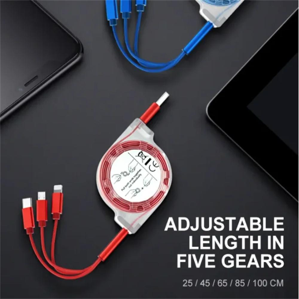 3 in 1 Telescopic USB Cable 3A Fast Charging for Type C Lightning Interfaces Durable PVC Material Portable for Travel Home