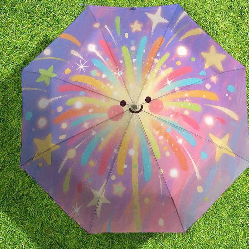 Rainbow Fireworks Happy Face Umbrella: Automatic Opening & Closing, Outdoor Protection, Lightweight Travel Accessory, Durable Gift for Any Occasion