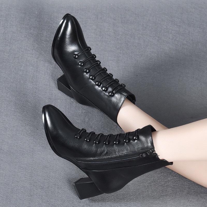 Fashion Short Boots Autumn and Winter New Pointed Thick Heel First Layer Cowhide Double-breasted Side Zipper Women's Leather Boots