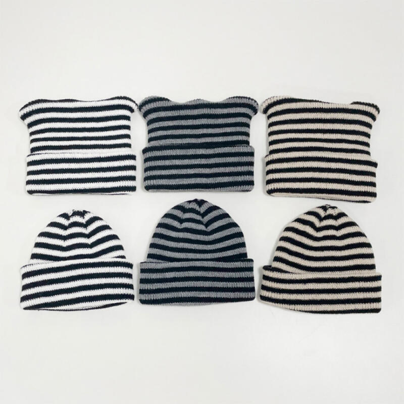 Women s Horn Beanie Knit Striped Ear-Shaped Hat C6592_Basic Beanie Beige