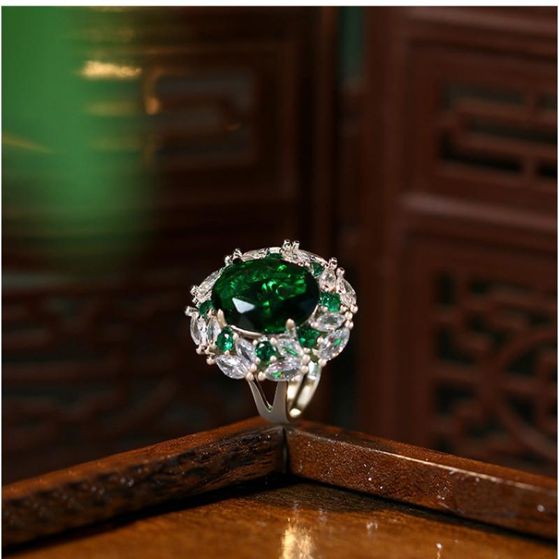 Adjustable Open Ring Women With Zircon Gemstone Oval Cabochon Vintage Luxury Style Plated Geometric Design