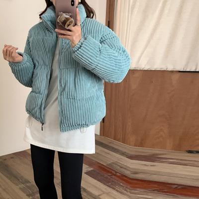 Women's Winter Jacket Corduroy Puffer Short Down Jacket Warm Quilted Cotton Coat Stand Collar Outerwear for Daily Life Work School