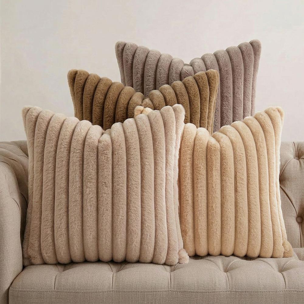 4PCS Soft Plush Pillowcases, Solid Color Striped Faux Rabbit Fur Pillowcases, Living Room Sofa Cushion Covers
