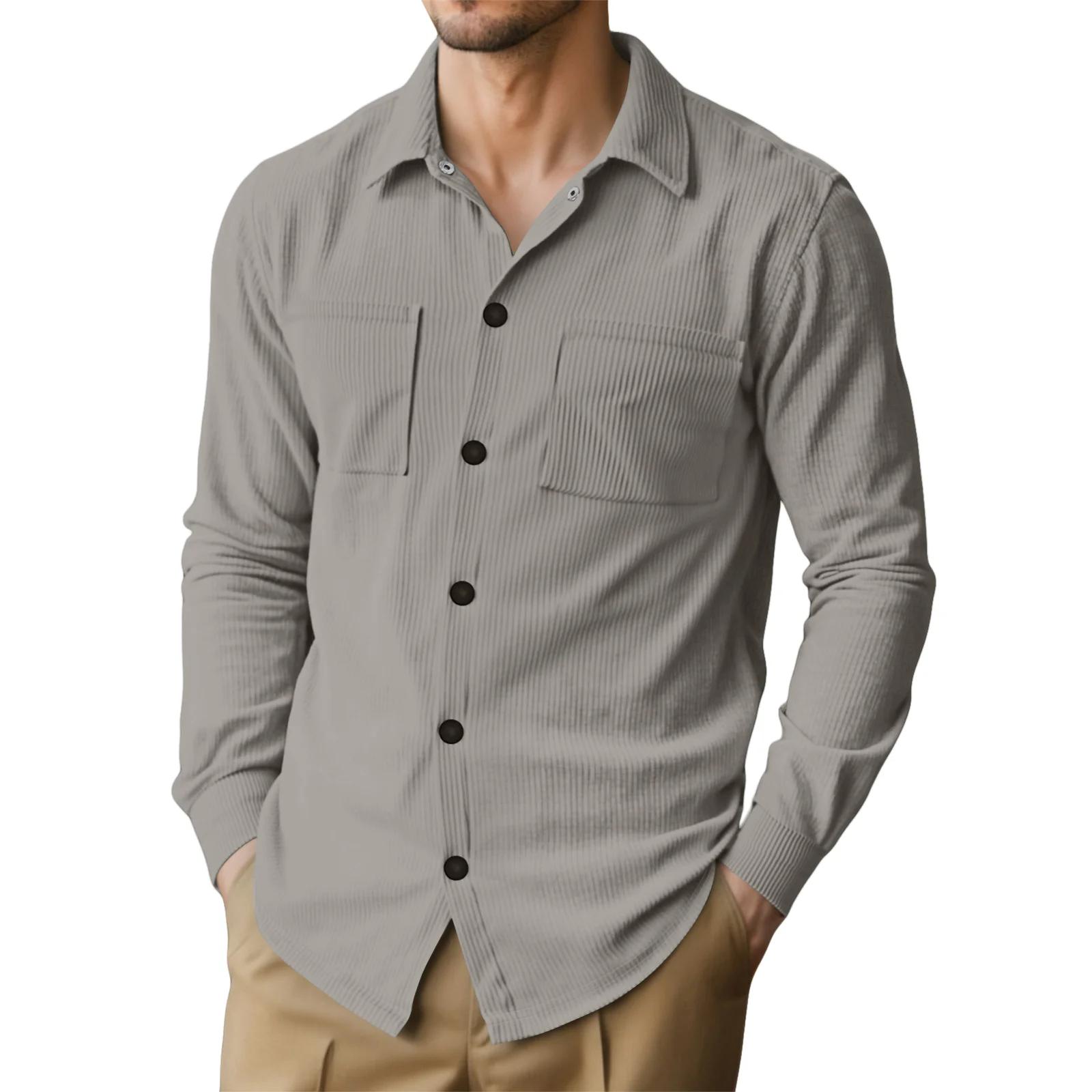 

Men s Autumn Casual Shirts Outdoor Lapel Corduroy Long Sleeved Solid Color Single Breasted Shirt Men Double Pocket Blouse L світло-сірий колір