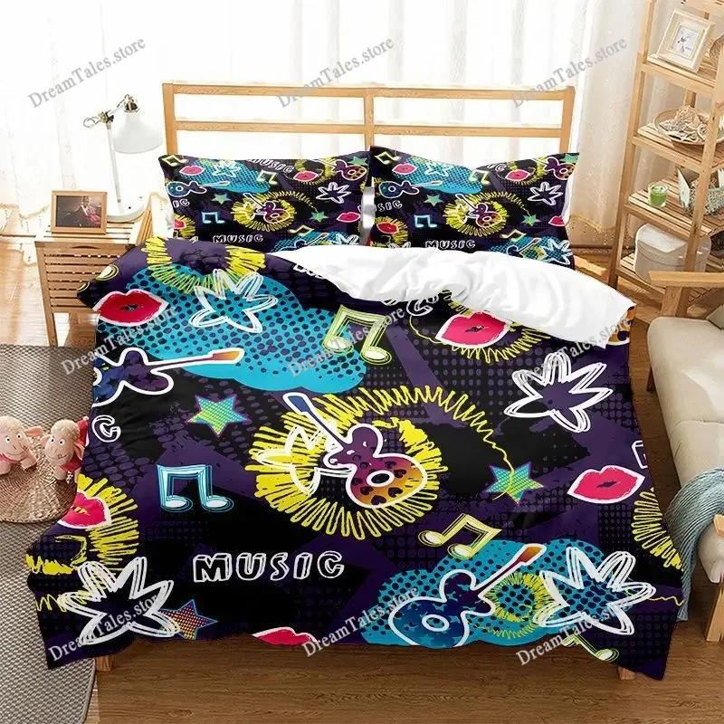 Graffiti Duvet Cover Set Cute Hip Hop Style Polyester Comforter Cover with Pillowcase Queen Full Size for Kid Teen Bedding Set