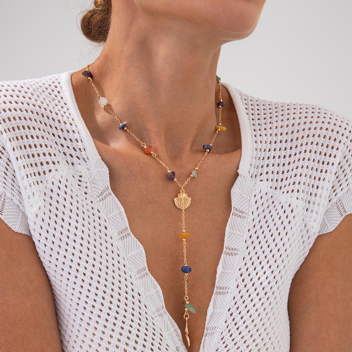 

Ingemark Fashion Colourful Stone Starfish Conch Pendant Necklace Women Bohemia Long Tassel Chain Summer Beach Y2K Party Jewelry