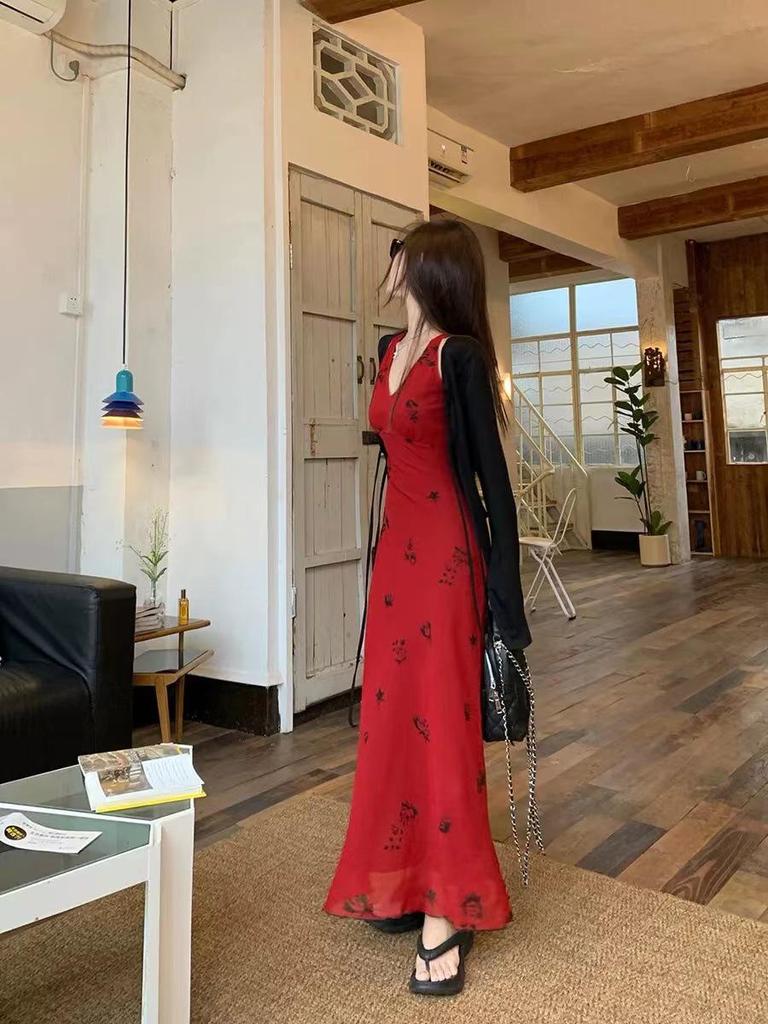 Hong Kong Red Floral V-Neck Spaghetti Strap Maxi Dress for Women - Summer 2024