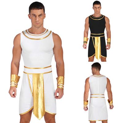 Mens Ancient Egypt Fancy Dress King Cosplay Pharaoh Halloween Outfit Round Neck Sleeveless Fantasia Cosplay Dress with Cuffs