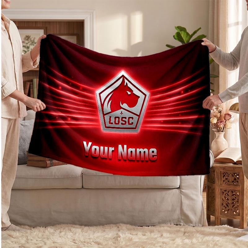 LOSC Lille FC Personalized Fleece Blanket With Football Logo, Custom Name Text Soft Warm Home Throw Blanket