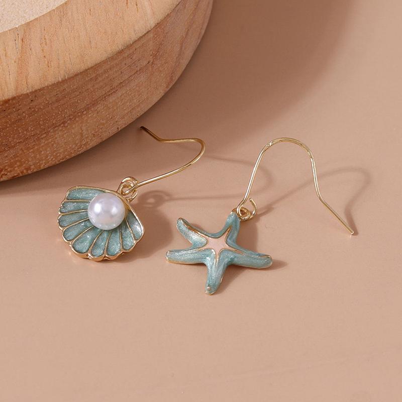 Obega Vintage Gold Color Starfish Shell Stud Earrings for Women Small Cute Imitation Pearl Earrings Banquet Wedding Jewelry
