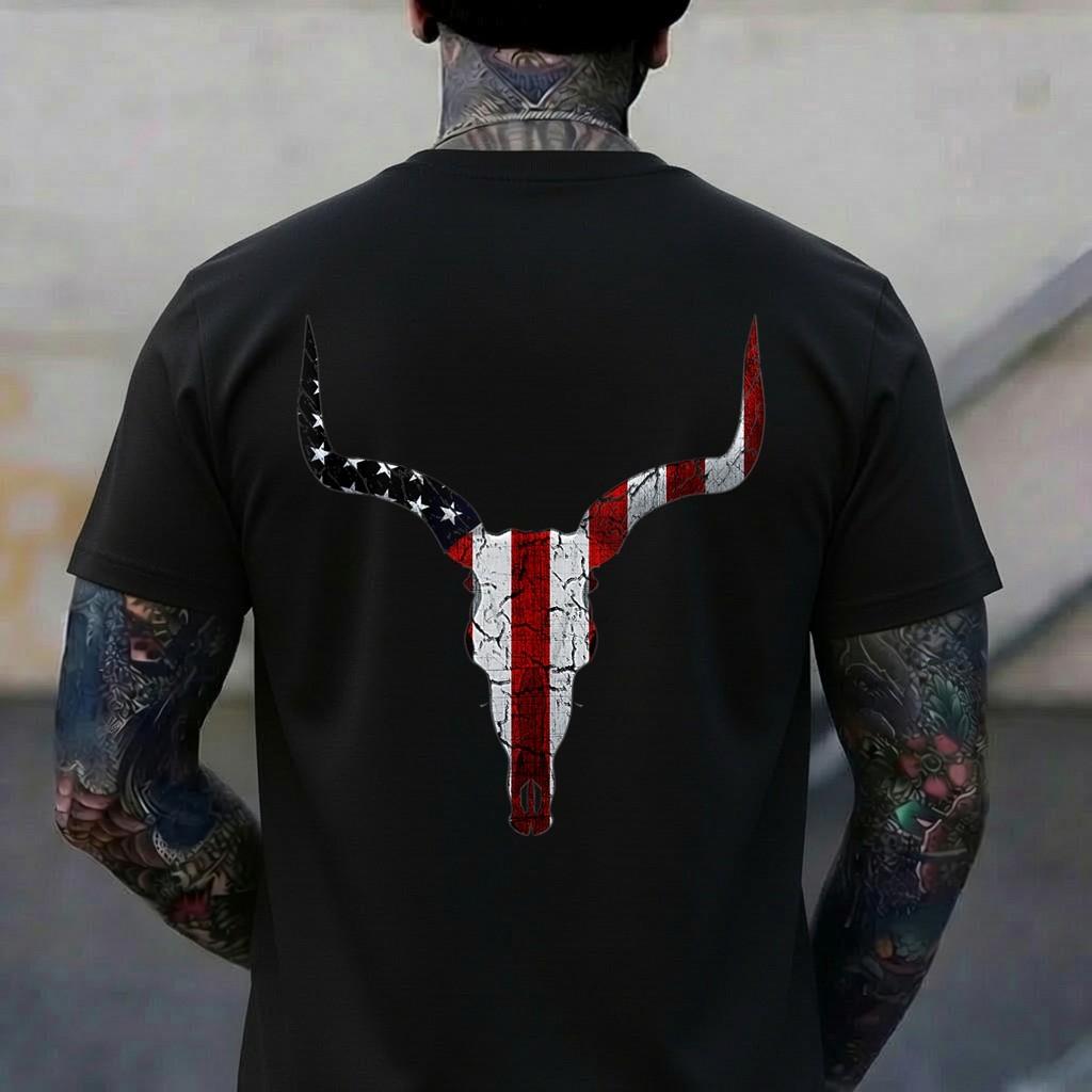 Bull Skull American Flag Cow Skull Western Graphic Wild West T-Shirt 2XL