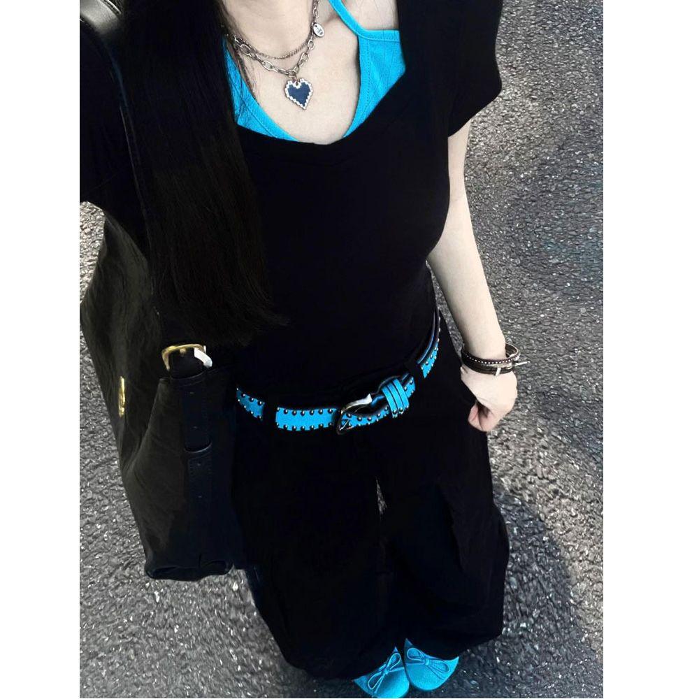 

Женская шикарная футболка с короткими рукавами, создающая эффект костюма-двойки, 2025: Сладкий и Острый Дизайн M чёрный