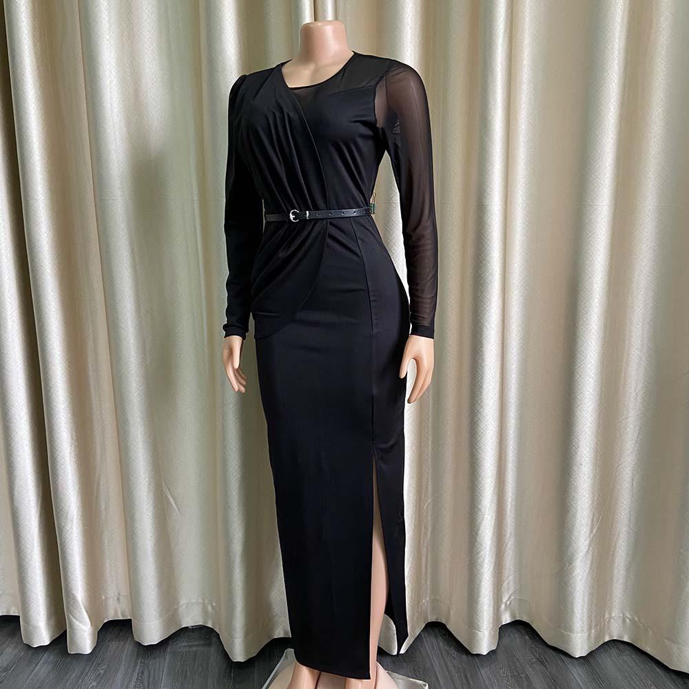 YYFS Women's Fashion Spring Fall Solid Color Print Long Sleeve O-Neck High Waist Casual Dresses