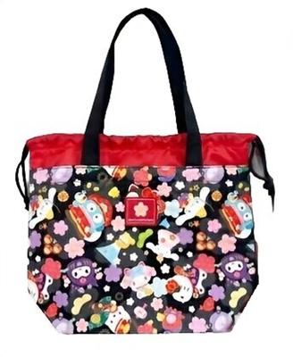 Hatayama Shoji Lunch Tote Bag with Drawstring Bag Japanese Pattern Sanrio Characters Black H20 X W30 X D10cm 33201935 Approx.