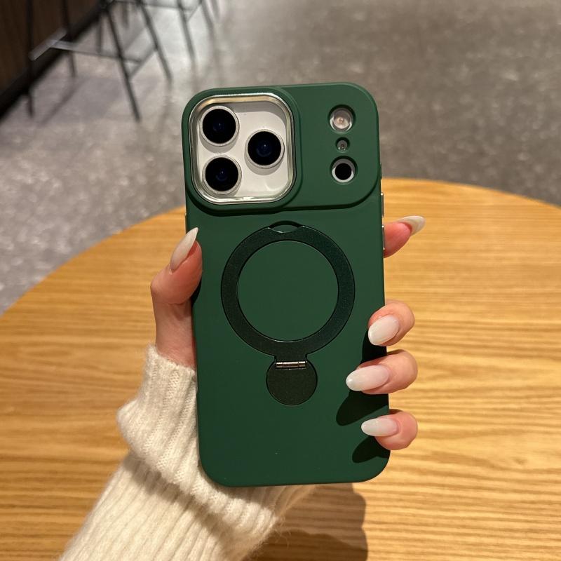 Rotating Bracket Phone Case For iPhone 17 16 15 14 13 Pro Max Luxury Liquid Silicone For Magsafe Magnetic Metal Cover