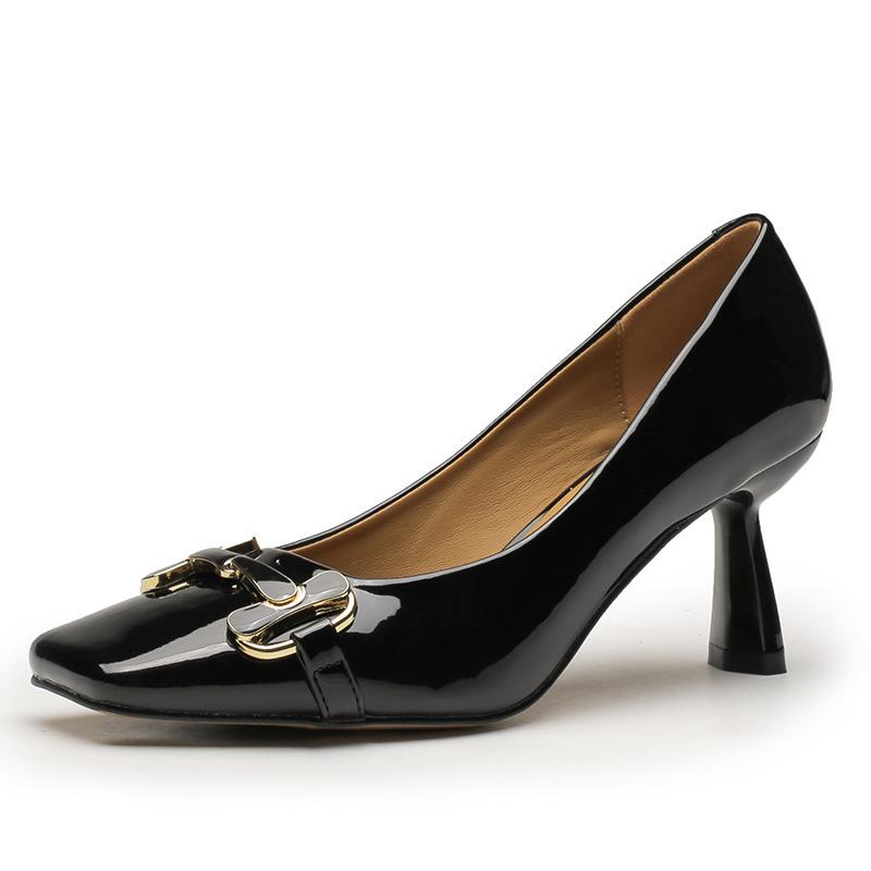 3396-1 Foreign Style Fashionable High Heels Niche Design Sense Metal Buckle Thin Heel Square Head Patent Leather Elegant Temperament Single Shoes