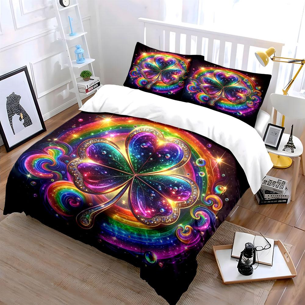 Glittering Rainbow Clover Design Bedding Duvet Cover Set (1*Duvet Cover 2*Pillowcases, Without Duvet Insert)
