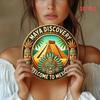 Mexico Inspired Aluminum Wall Art Round 8x8 Inch 2D Flat Home Decor Sign 1 Piece Featuring Mayan Pyramid and Tribal Mask Vintage Finish