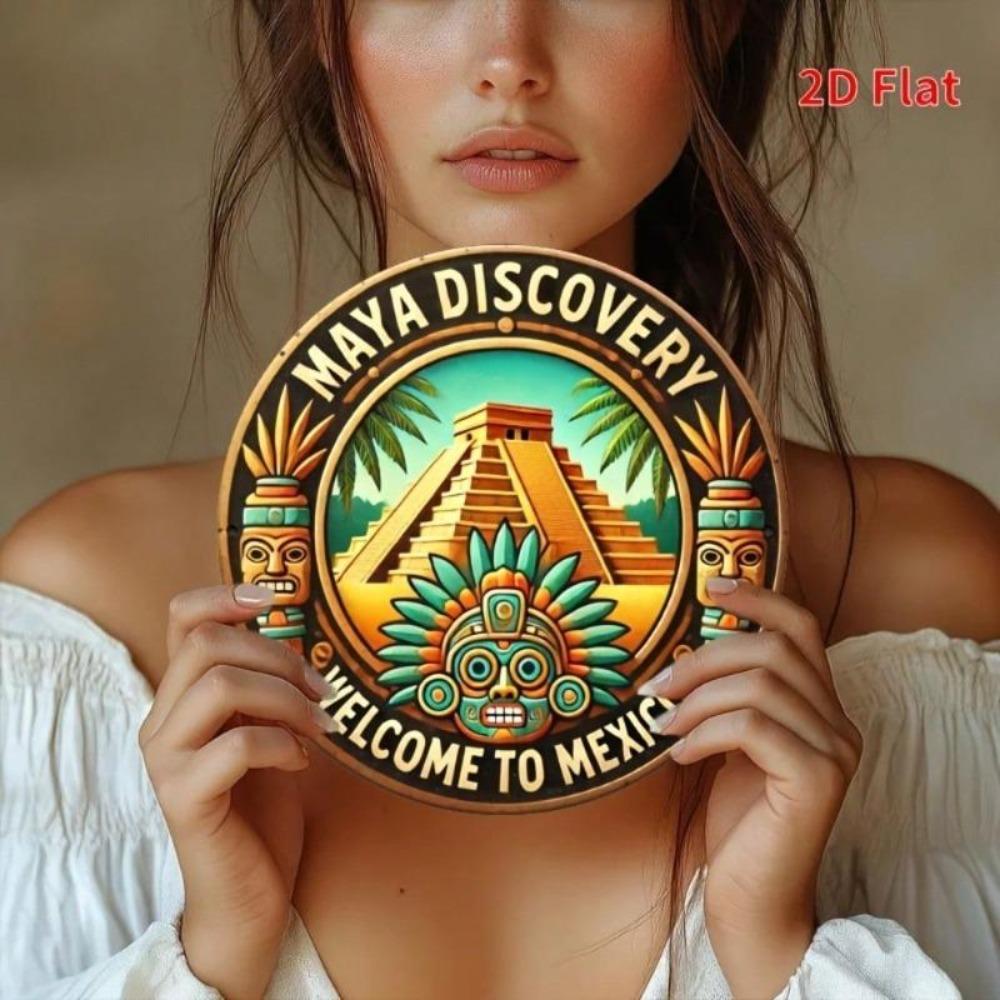 Mexico Inspired Aluminum Wall Art Round 8x8 Inch 2D Flat Home Decor Sign 1 Piece Featuring Mayan Pyramid and Tribal Mask Vintage Finish