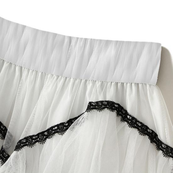 Women Skirt High Waist A-line Big Swing Ruffle Contrast Color Scattered Hem Pleated Patchwork Princess Style Elastic Waist Ankle Length Maxi Skirt