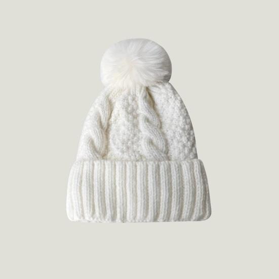 Women Fall Winter Hat Thickened Knitted Soft Elastic Warm Anti-slip Ear Protection Plush Ball Decor Twisted Pattern Outdoor Beanie Cap