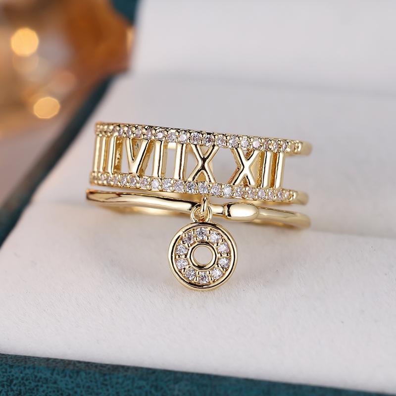 Luxury Simple Fashion Gold Color Roman Numerals Zircon Open Ring for Women Adjustable Index Finger Ring Engagement Wedding Jewelry