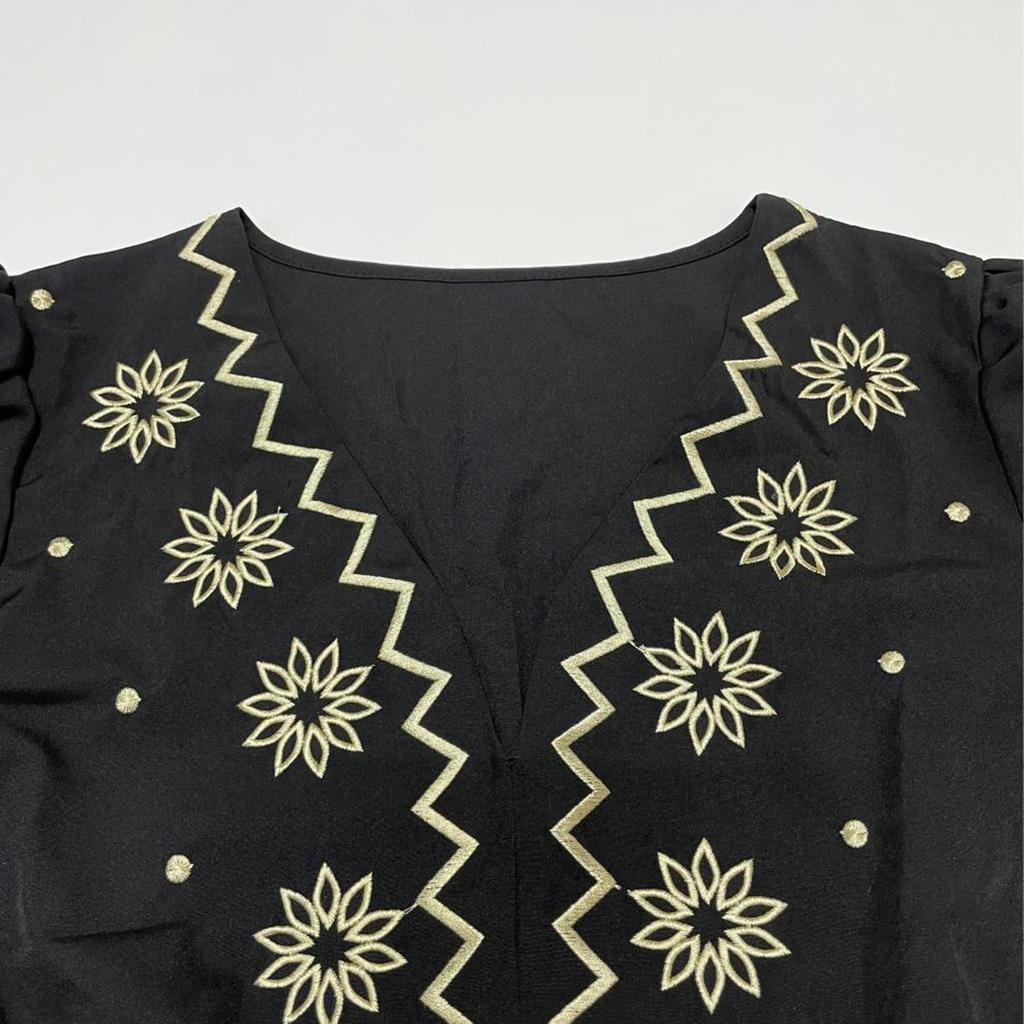 Women's Fashionable Casual Embroidered Deep V-Neck Long-Sleeved Dress