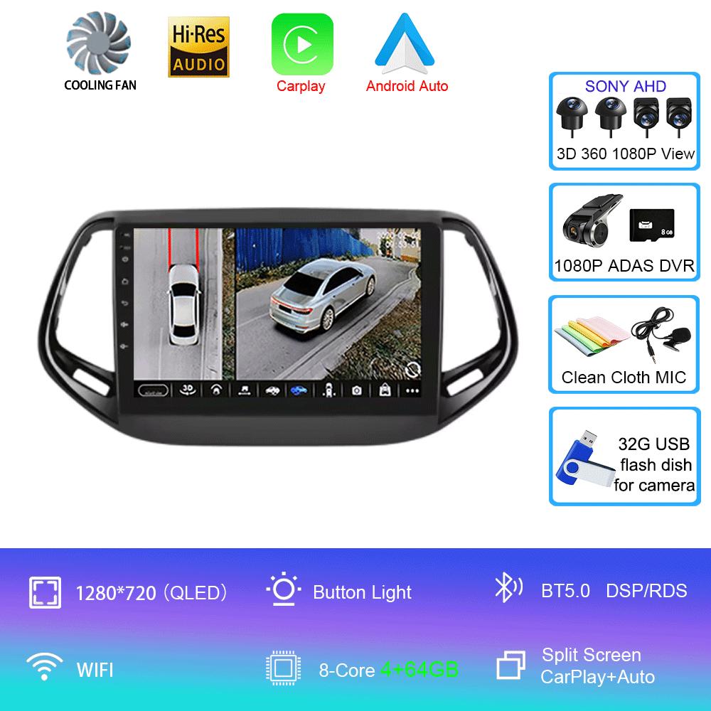 For Jeep Compass 2017 - 2019 360 Camera Head Unit Android 14 Video Player Car Radio Autoradio Multimedia GPS Navigation Monitor