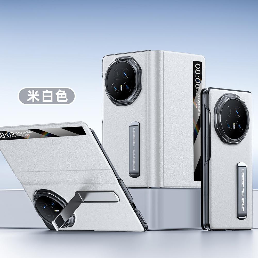 For Honor Magic V5 Case Top Grain Leather Hinge Protection Metal Kickstand Smart View Auto Sleep Wakeup Flip Cover