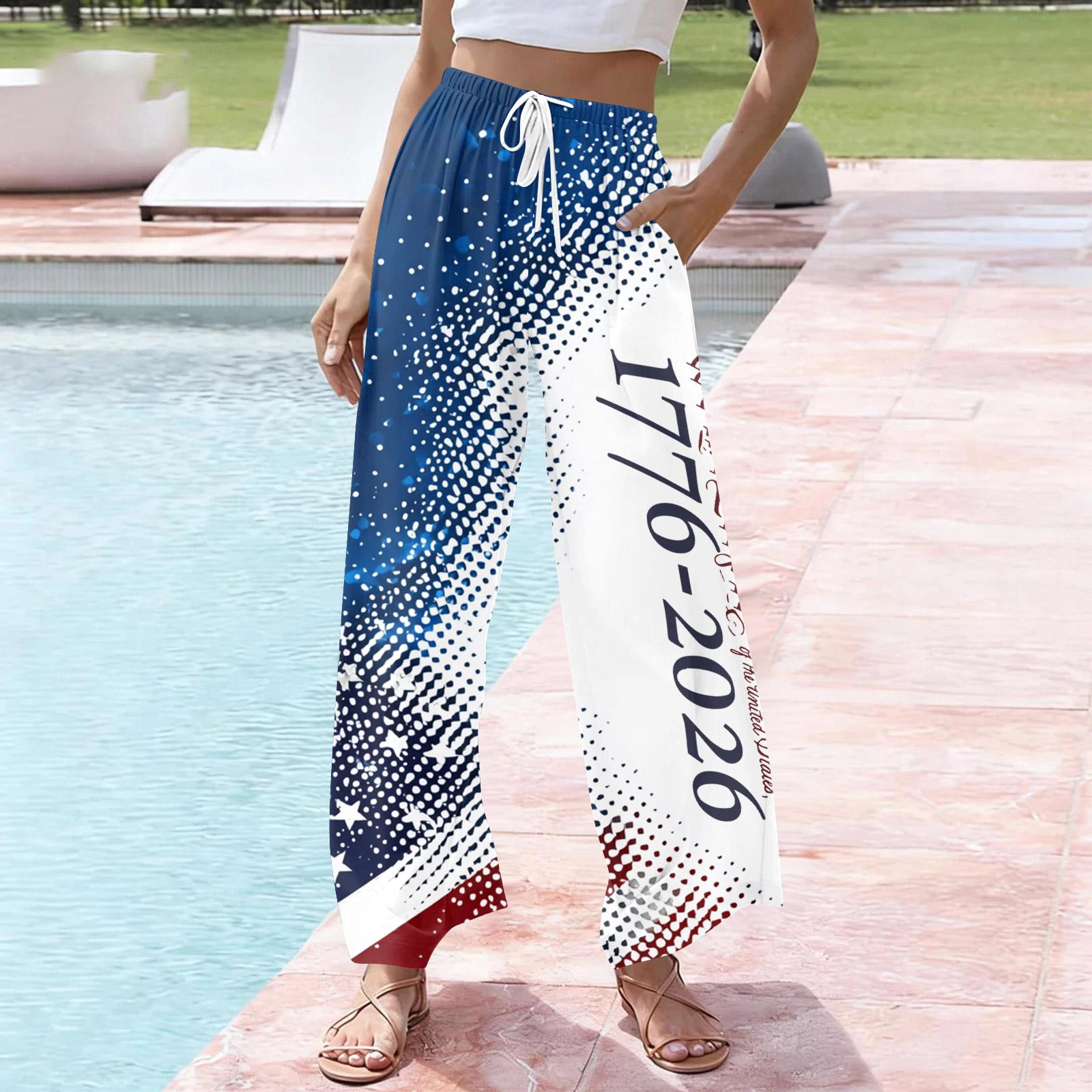 

Women’s Wide Leg Drawstring Waist Casual Pants Loose Fit Printed Lettering Graphic High Waist Lightweight Trousers for Daily Wear M синій
