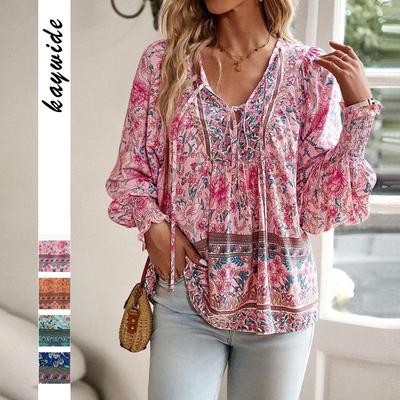 Boho top s V-výstrihom, zaväzovaním a dlhým rukávom s potlačou pre ženy, Jar/Leto 2025.
