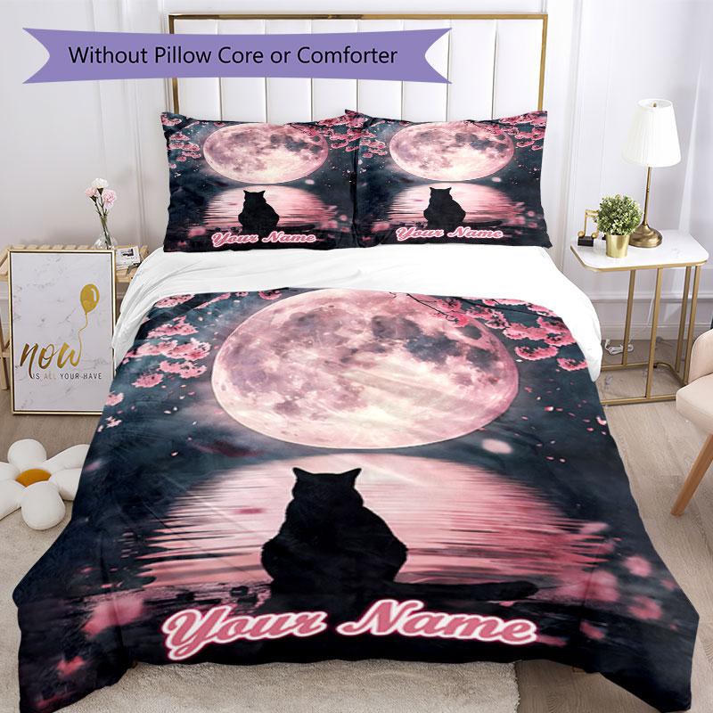 3PC Custom Name Night Moon Cat Reflection Bedding Set Duvet Cover Closure Includes 1 Duvet Cover & 2 Pillowcases for Bedroom