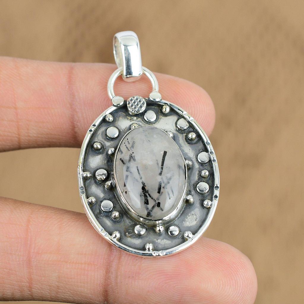 Easter Deal Oval Black Rutile Stone 925 Sterling Silver Engagement Boho Pendant