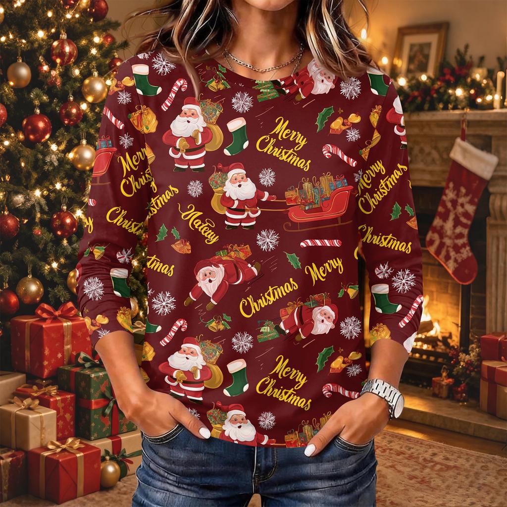Women's Christmas Print Long Sleeve Neck Pullover Top