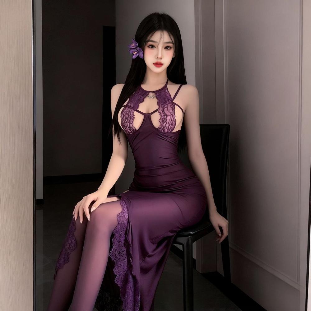 Lace Suspender Long Dress Sexy Purple Lingerie Uniform - Slim Fit High Slit Erotic Nightgown for Women