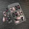 24Pcs Halloween Press On Nails Medium Almond Fake Nails with Cute Black Cat Bat Designs Pink Heart Bow Glue On Nail Full Cover Acrylic Artificial