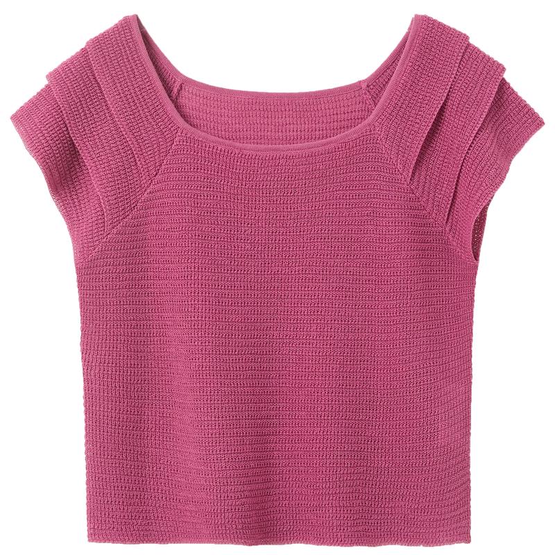 Sancai 2026 Summer U-Neck Flutter Sleeve Knit Top L