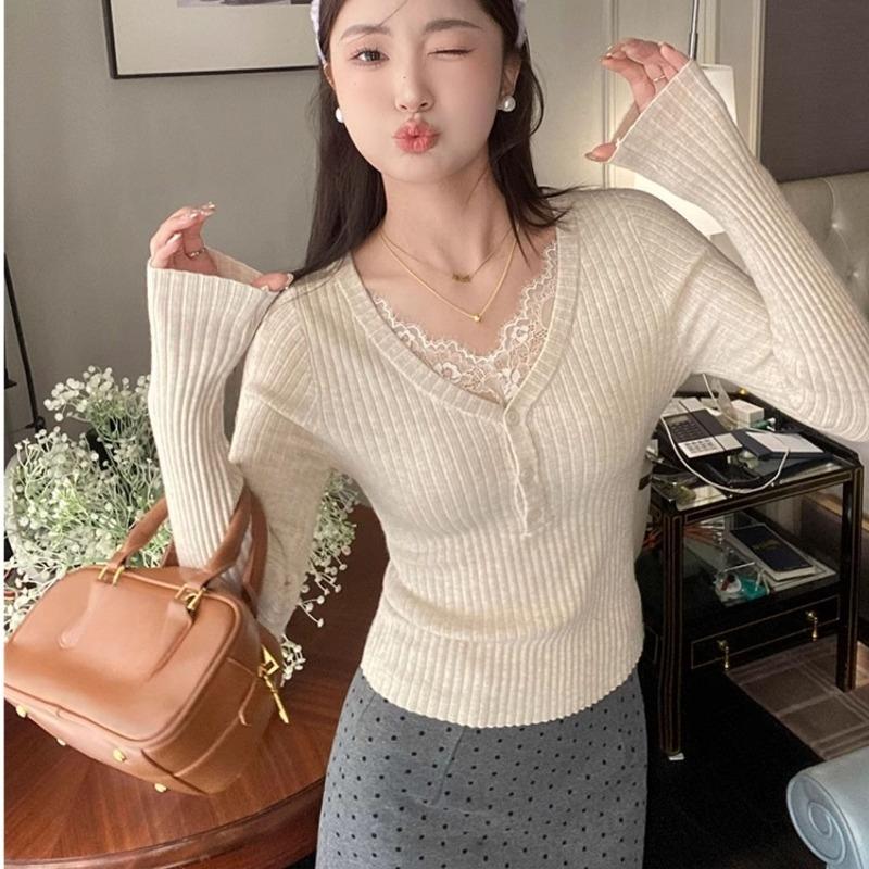 

Базовый слой из чистого кружева с V-образным вырезом для женской осени, свитер с длинными рукавами, в сочетании с облегающим топом one size абрикосовый