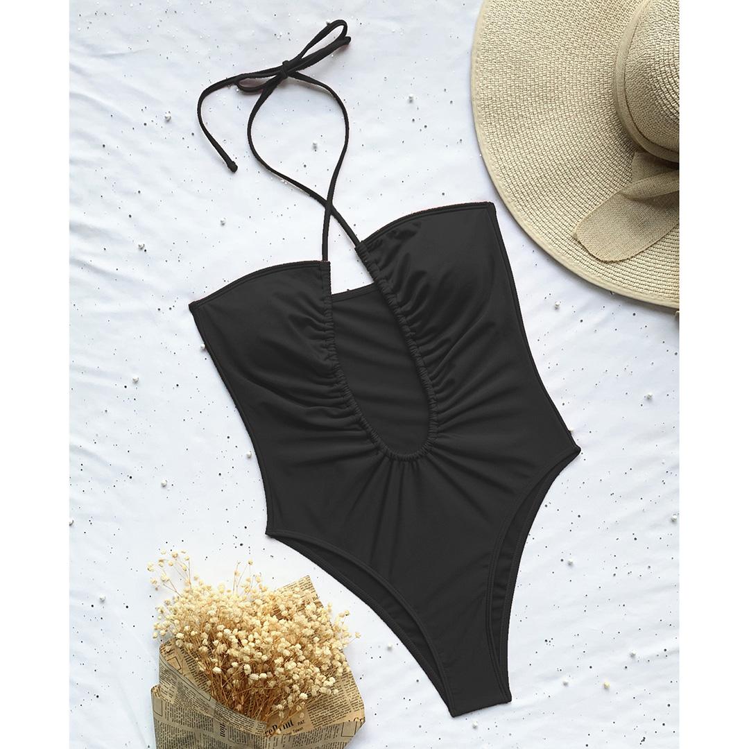 

Сексуальное Монокини с морщинистым вырезом и лямкой на шее, женский купальник, цельный купальник, женский купальный костюм с высоким вырезом, купальный костюм, женский купальный костюм M чёрный