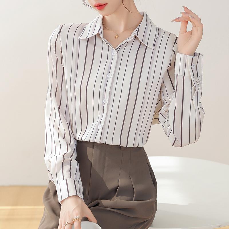 Women Blouses Shirts Long Sleeve Women Blouse Shirt Office Lady Turn Down Collar Striped Chiffon Blouse Shirt Women Tops J911